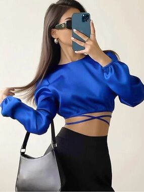 Royal Blue Satin Tie-Waist Crop Top Size L